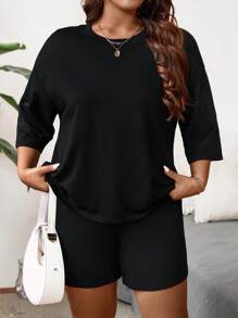 Calvaya Plus Size Summer Casual Solid Color Loose Fit Drop Shoulder T-Shirt And Short Set