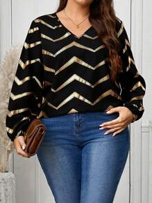 SHEIN LUNE Damen Herbstoutfits, Langarm-Blusen, Damenblusen in Große Größen, V-Ausschnitt Langarm minimalistische Lässig Tops, Party Kleidung, Pailletten, Pendler Damen Hemden, Urlaubsoutfit