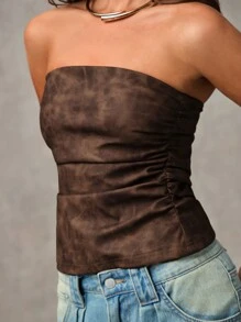 SHEIN BAE 棕色皮革外观 PU 褶皱抹胸上衣，女式秋季上衣，露肩上衣，性感女式上衣 - 咖啡棕 - 查看 6
