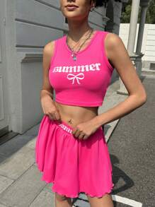 SHEIN ICON 返校季，Y2K 风格，夏秋季运动网球裙两件套，蝴蝶结卡通印花图案 - 玫紅色 - 查看 5