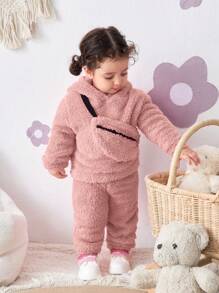 SHEIN Leap Crew 2 件套女婴可爱纯色毛绒连帽衫上衣、松紧腰裤和斜挎包，秋冬款 - 藕粉色 - 查看 3
