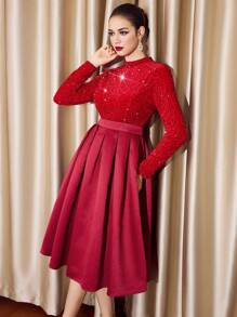 Vintamour Vintage Elegant Women's Patchwork Sequins Velvet Boat Neck Long Sleeve Satin Midi A-Line Party Dress,Autumn Winter Burgundy Christmas Thanksgiving - Red - View 5