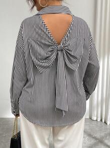 Calvaya Plus Size Women Black & White Striped Fashion Casual Plus Size Bow Shoulder Long Sleeve Shirt, Autumn - Black and White - View 3