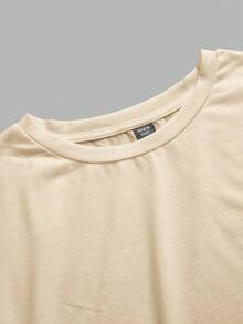Slaydiva Plus Size Casual Solid Color Cropped Round Neck T-Shirt, Summer - Khaki - View 5