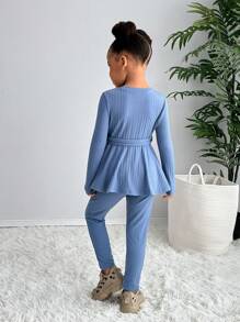 2 piezas Conjunto casual de top de cuello redondo y pantalones entallados de punto sólido para niñas jóvenes - Azul - Ver 2