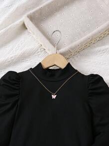 SHEIN 2 件套年轻女孩休闲纯色泡泡袖上衣和喇叭袖套装，秋季年轻女孩女孩装蓝色女孩喇叭裤套装 - 彩色 - 查看 3