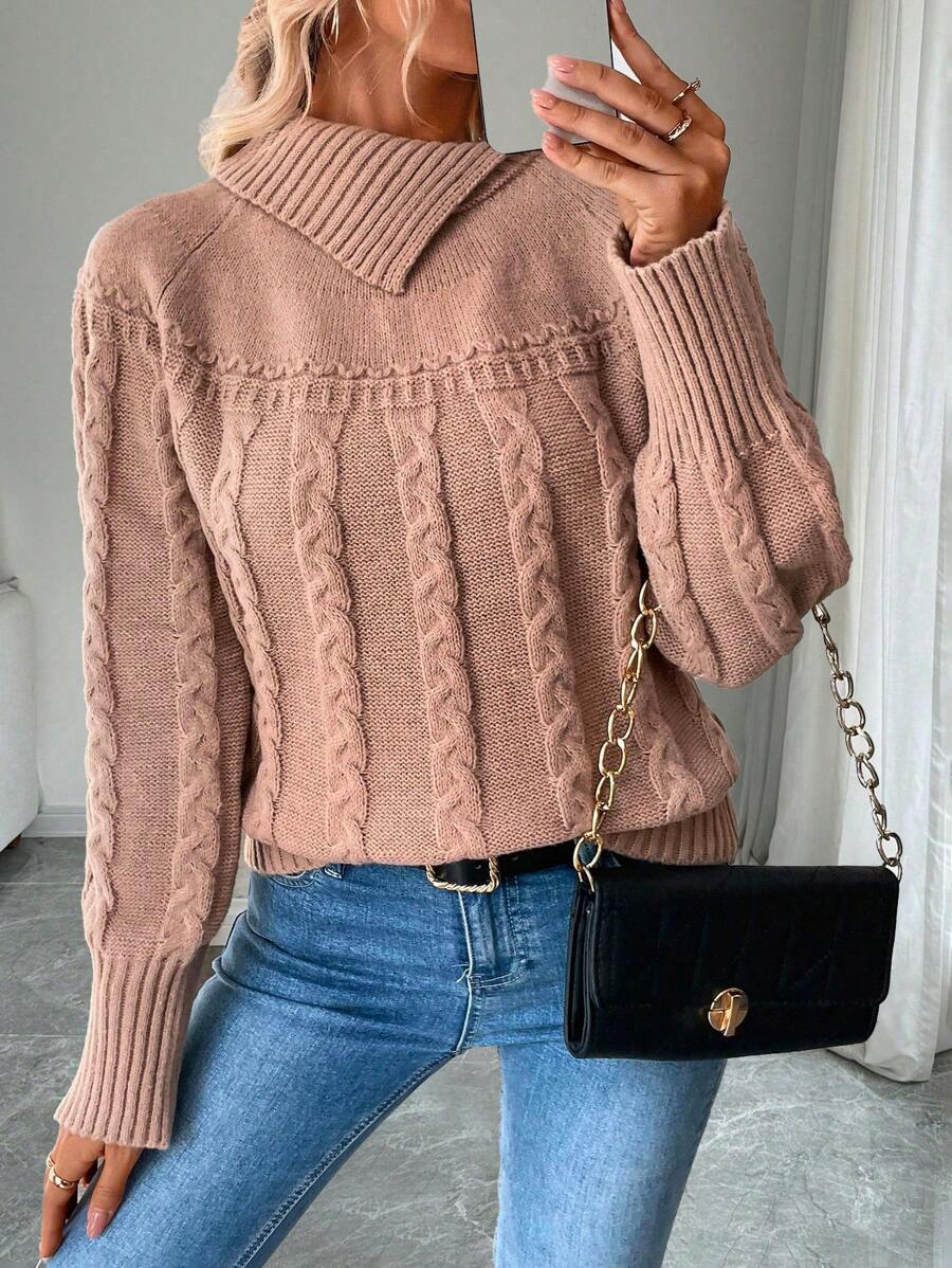 SHEIN Clasi Women's Long Sleeve Cable Knit Sweater, Knit Pullover Fall Winter - Apricot - View 1