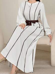 Seusyu Women's Extra-Long Elegant Modest Arabic Wrap Waist Contrast Trim Dress - White - View 6
