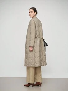 Aalyst 女士纯色长袖圆领系带长款休闲加厚棉服外套，冬季衣服 - 軍綠色 - 查看 2