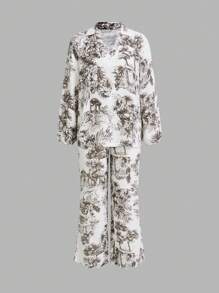 SHEIN Essnce 2 件套女士休闲度假户外吸湿排汗透气抽绳衬衫和宽松长裤套装、植物印花秋季套装、棉质女式两件套、秋装、两件套秋季服装、长袖女式衬衫、碎花女式连衣裙、女式套装、冬季女式连衣裙、服装、女式服装、两件套秋季套装 - 彩色 - 查看 5