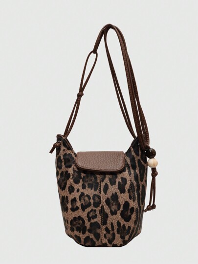 Grunge Punk Nuevo bolso de hombro, bandolera y tipo cubo casual y elegante con estampado de leopardo para mujer