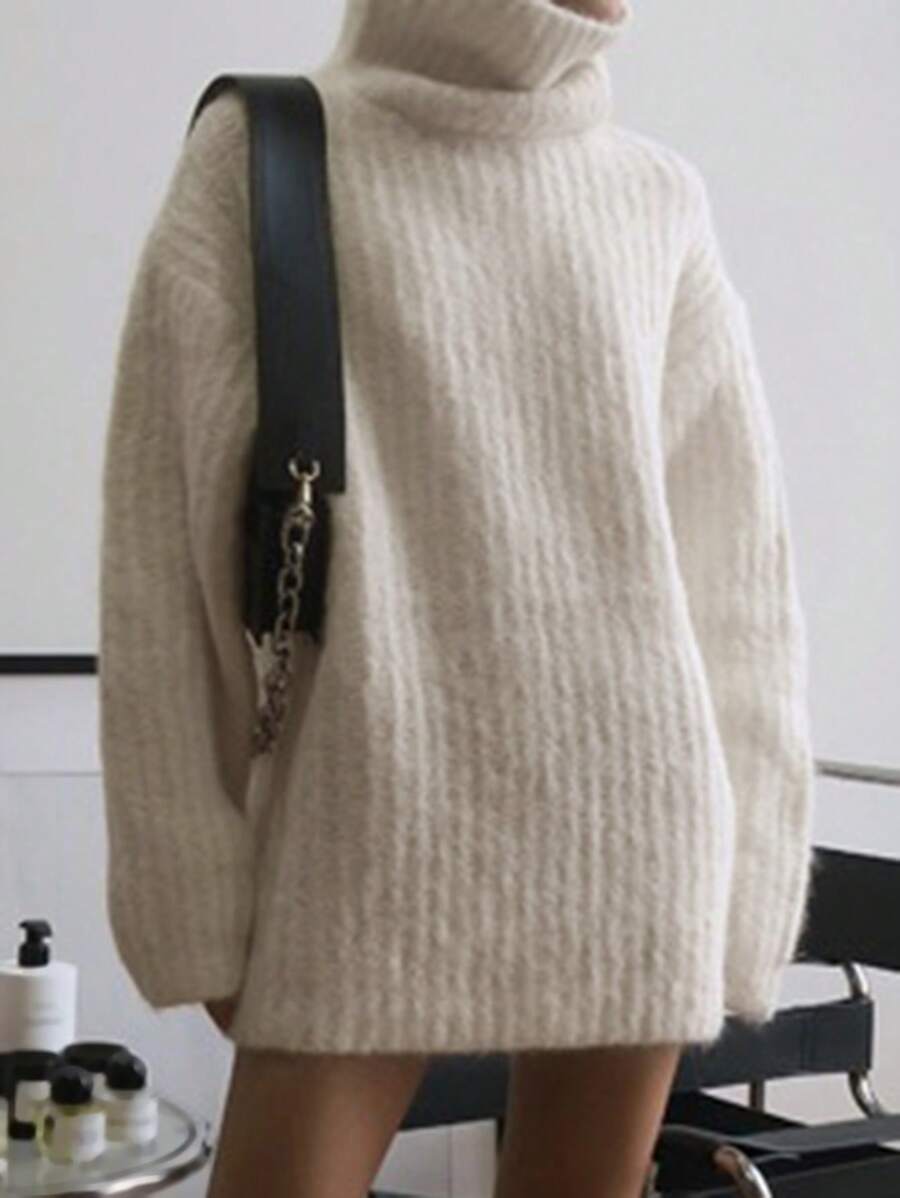 DAZY 1 件女式休闲高领宽松落肩保暖超大毛衣，适合日常穿着，秋冬季 - 米色 - 查看 1