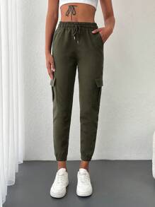 EURMUSE Flap Pocket Side Drawstring Waist Cargo Sweatpants - Khaki - View 3
