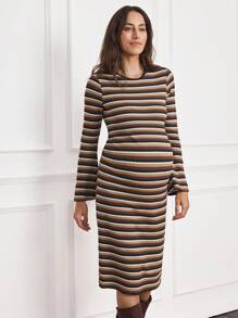 SHEIN MaterniWear Vintage Bell-Sleeve Bodycon Maternity Dress, Autumn - Multicolor - View 6
