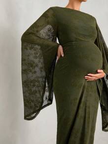 MaterniChic 孕妇女士优雅花朵植绒网眼喇叭袖修身长裙春季派对装