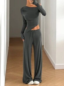SHEIN EZwear 2 件套女士休闲纯色不对称长袖上衣和裤子套装，春秋 - 灰色 - 查看 4