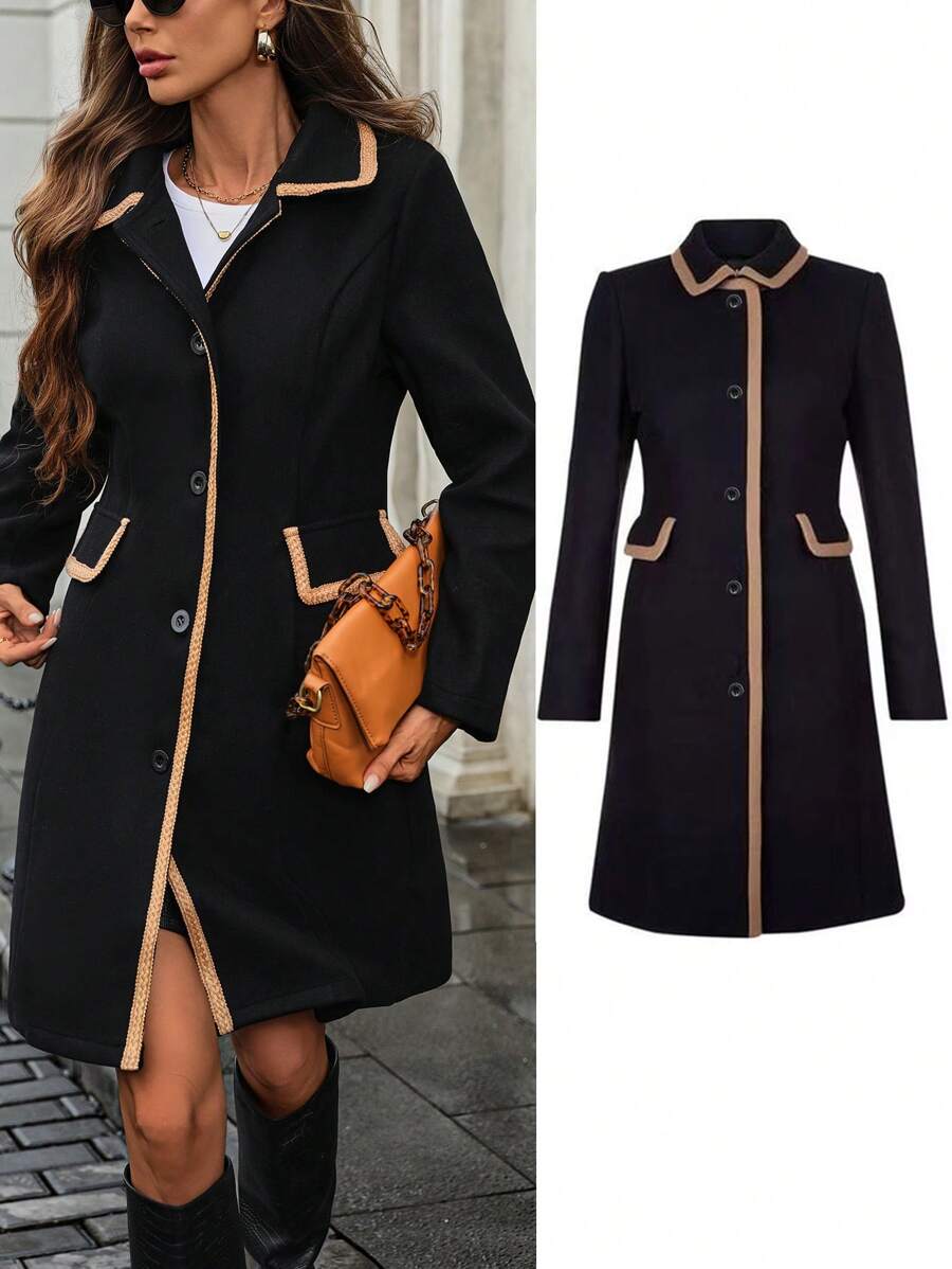 Chiquease 女士休闲撞色边饰单排扣大衣，适合秋季