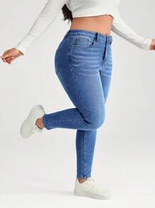 SHEIN BASICS Plus Size Elastic Tight Fit Blue Denim Jeans - Blue - View 4