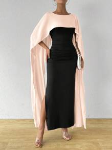 SHEIN Unity 拼色斗篷袖连衣裙 优雅拼布格子印花连衣裙 - 淺粉色 - 查看 4