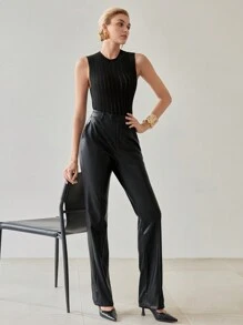 MOTF PREMIUM PU 皮革前缝直筒西裤 - 黑色 - 查看 6