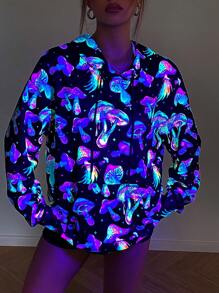 Flirla Black Fluorescent Mushroom Digital Print Hoodie Sweatshirt With Kangaroo Pocket And Drop Shoulder Casual Sports Wear,Long Sleeve Tops