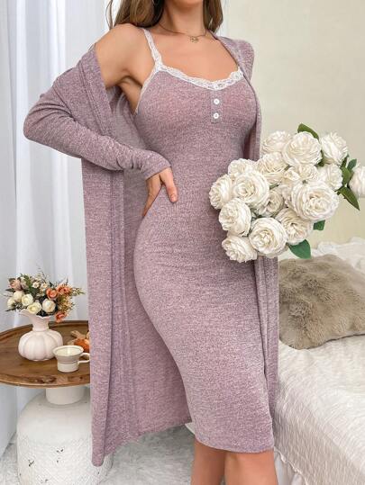 Ladies Elegante Contrast Kanten Cami Nightgown Robe Sleep Pajama Set, Lounge Fall Clothes Cozy view 3