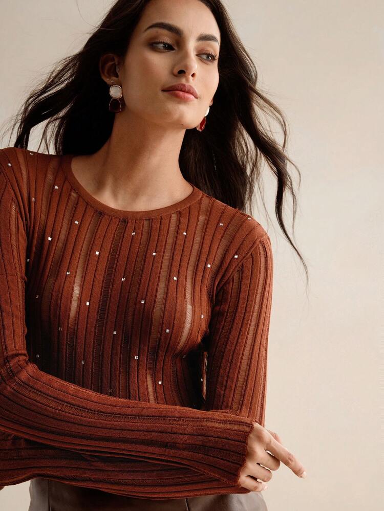 Maillard Color Casual Sexy Elegant Minimalist Basic Round Neck Long Sleeve Sweater, Hollow Out Lacy Textured Design With Full Body Rhinestone Glittering Knit Pullover Fall Winter