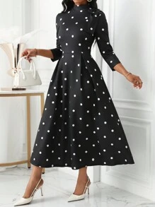 Lyxana 女士优雅圆点印花立领 3/4 袖蝴蝶结装饰连衣裙 - 黑色 - 查看 1