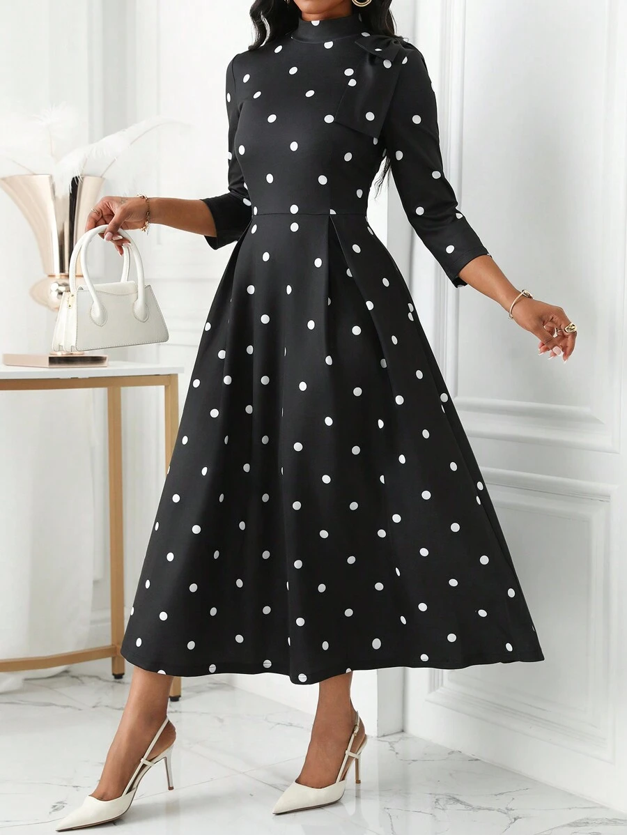 Lyxana 女士优雅圆点印花立领 3/4 袖蝴蝶结装饰连衣裙 - 黑色 - 查看 1