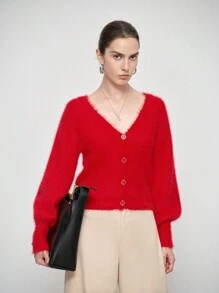 SHEIN LUNE Women's Solid Color Single-Breasted Fitted Lantern Sleeve Cardigan Sweater, Autumn/Winter Fall Cloth For Women - Red - View 1