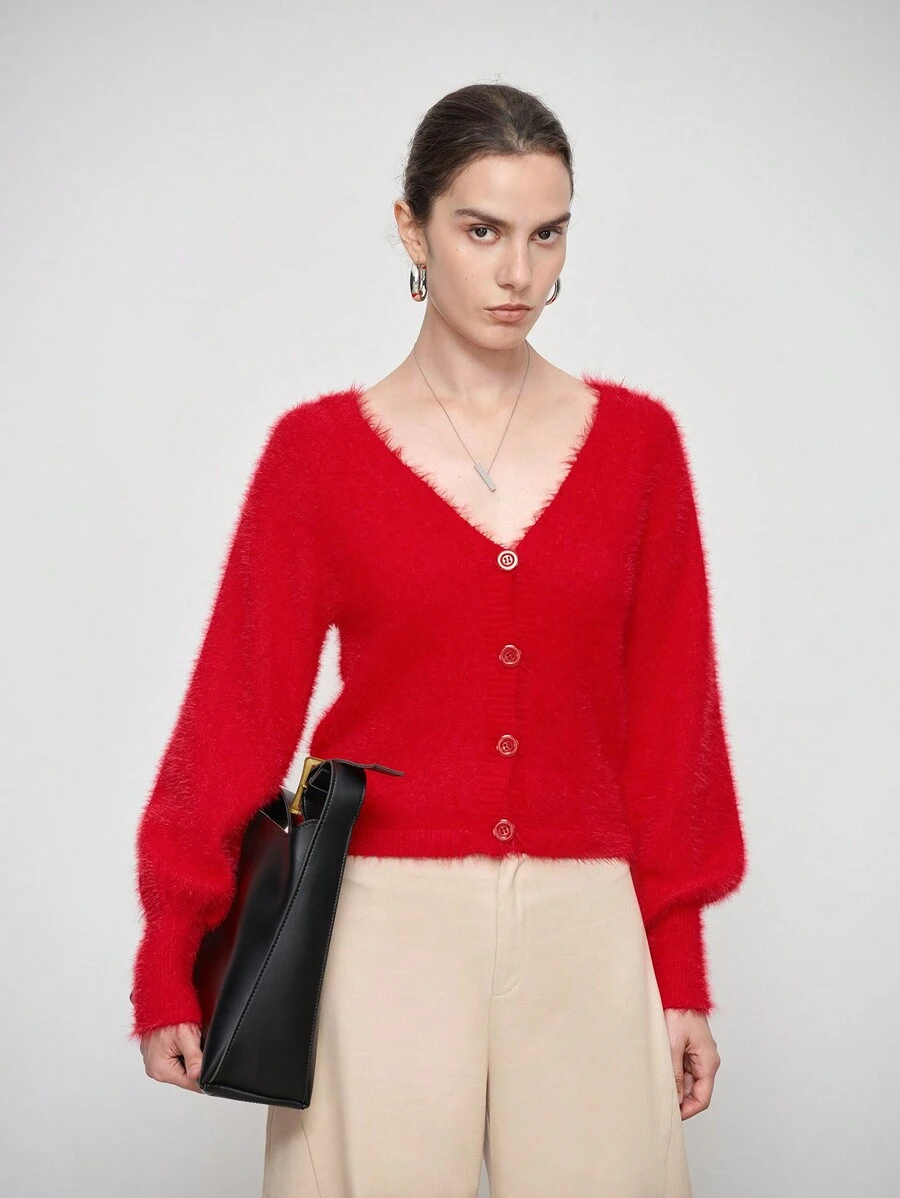 SHEIN LUNE Women's Solid Color Single-Breasted Fitted Lantern Sleeve Cardigan Sweater, Autumn/Winter Fall Cloth For Women - Red - View 1