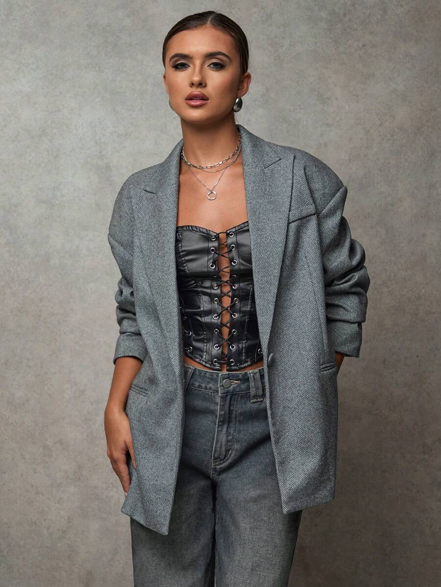 SHEIN BAE 女式秋季人字形翻领长袖单排扣休闲宽松西装外套 - 灰色 - 查看 1