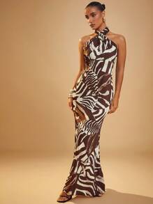 Hauture Animal Print Cross Halter Dress - Multicolor - View 6