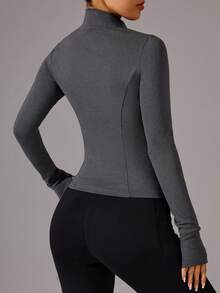 Easithlete 纯色前拉链长袖简约运动夹克，休闲日常穿着 - 深灰色 - 查看 2