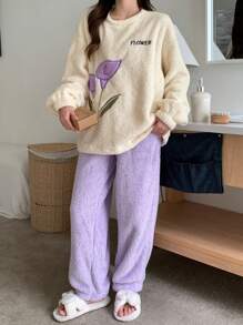 DAZY Flannel Thickened Floral Embroidered Decorative Pajama Set, Winter - Purple - View 7