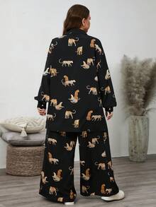 SHEIN LUNE Bộ đồ 2 món thường ngày họa tiết hổ cỡ lớn cho nữ, mùa thu - màu đen - Xem 2