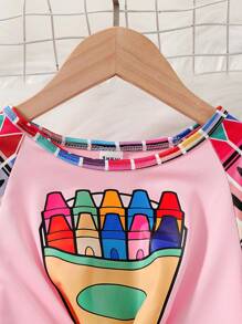 2pcs Young Girl' Fashionable Personalized Outfit, Brush Print Round Neck Long Sleeve Top + Flared Pants, Spring Autumn