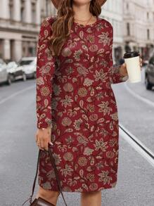 Glamance Polina Brazil Vrouwen Bordeauxrode jurken in grote maten, lange mouwen, ronde hals, boho, bloemenprint, effen, zomeroutfits voor vrouwen, zomerjurk voor vrouwen, zomerjurk voor vrouwen, vakantiejurk voor uitgaan