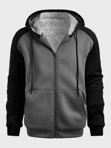 Manfinity Homme Sudadera con capucha con cremallera y cordón de contraste de talla grande para hombre, informal y cálida para otoño/invierno, con diseño gráfico de bloque de color, manga larga, capucha en gris oscuro, regalo para amigos, esposo, novio
