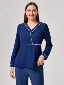 TaskEZ Women V-Neck Long Sleeve Casual Work Blouse