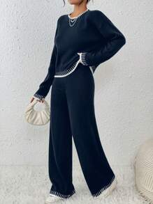 Chiquease 女士休闲优雅撞色阔腿毛衣套装 - 藏蓝色 - 查看 5