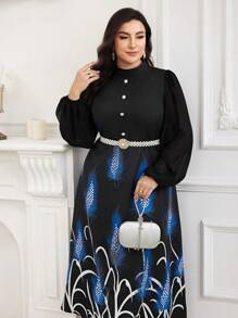 Modelyn Plus Size Feather Print Patchwork Long Sleeve Button Front Casual Dress Long Evening Dresses