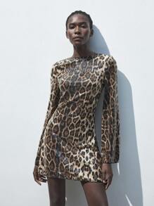 SHEIN Maija Damen Midi Kleid mit Leoparden Muster, paillettenbesetzt, lange Ärmel, tailliert, elegant für Schulanfang, Ferien, Party, Stadtreisen - Neuankömmling Herbst Winter