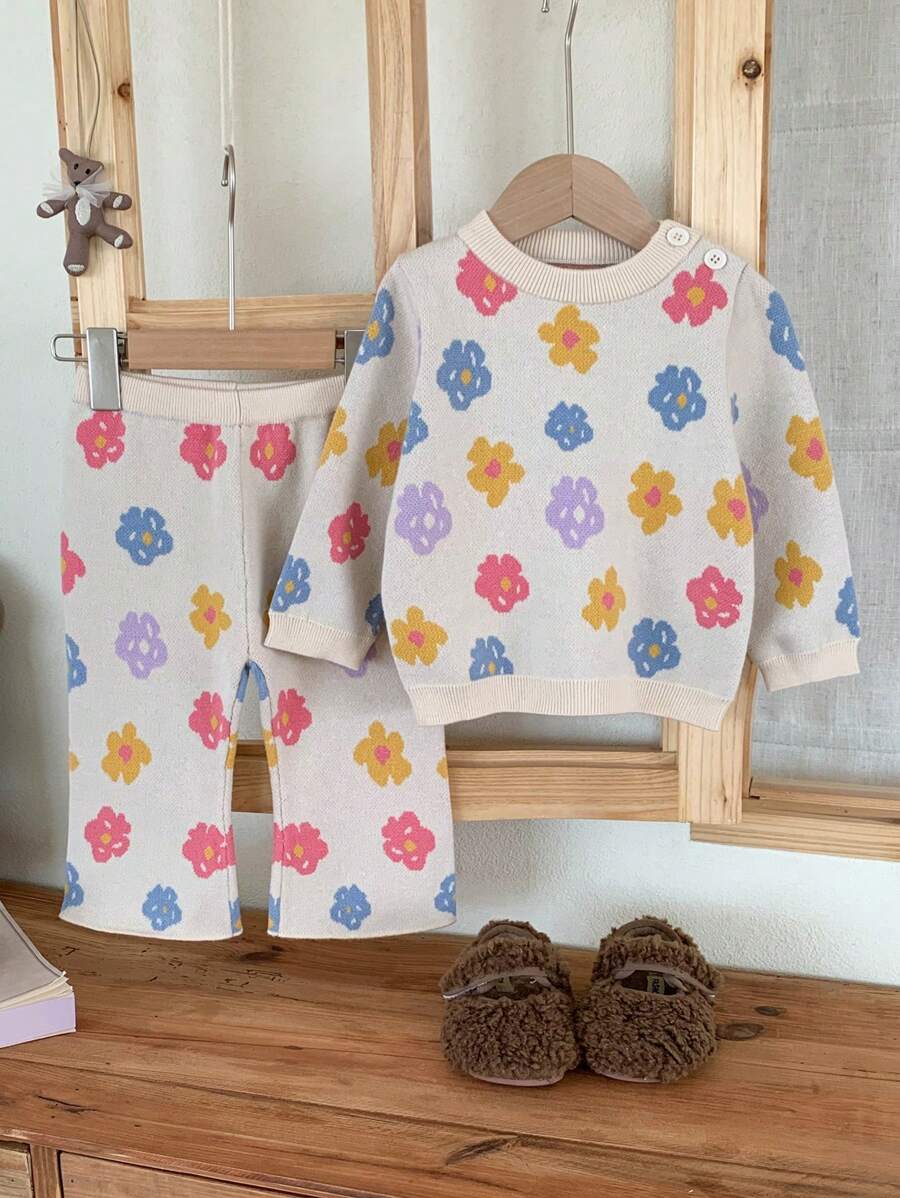 Delizioso Set Maglione Floreale Jacquard Multicolore Morbido per Bambine, Adatto per Autunno/Inverno, Interno ed Esterno, Perfetto per Feste e Compleanni - Albicocca - Visualizzare 1
