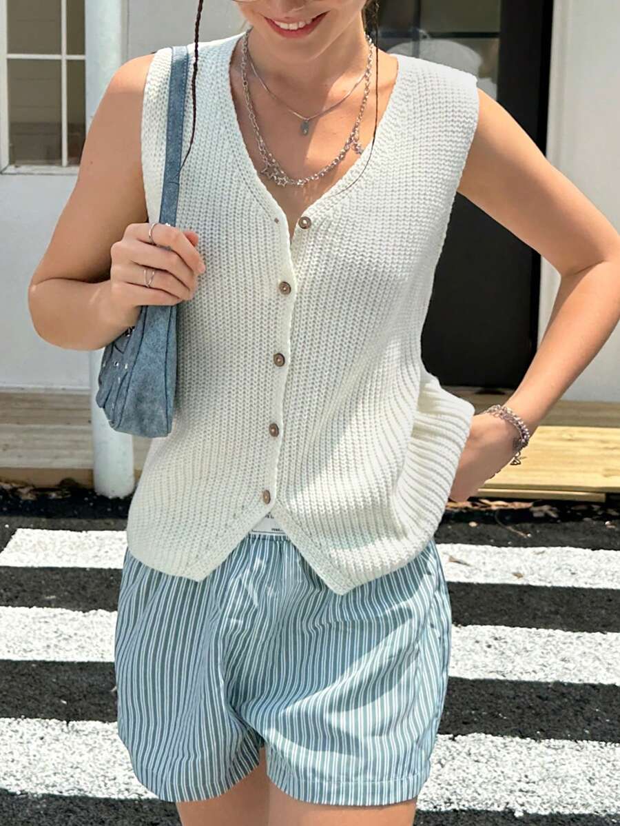 INAWLY Women V-Neck Single-Breasted Casual Knit Sweater Vest For Autumn & Winter - Beige - View 1