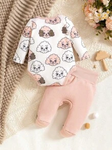 SHEIN 2pcs Newborn Baby Girl Cute Lamb Print Long Sleeve Bodysuit With Pants Set Home Outfit - Multicolor - View 2
