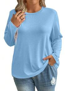 Plus Size Women Solid Color Round Neck Loose Casual Minimalist Daily Commute Base Layer Long Sleeve T-Shirt, Blue, Spring/Autumn - Blue - View 3