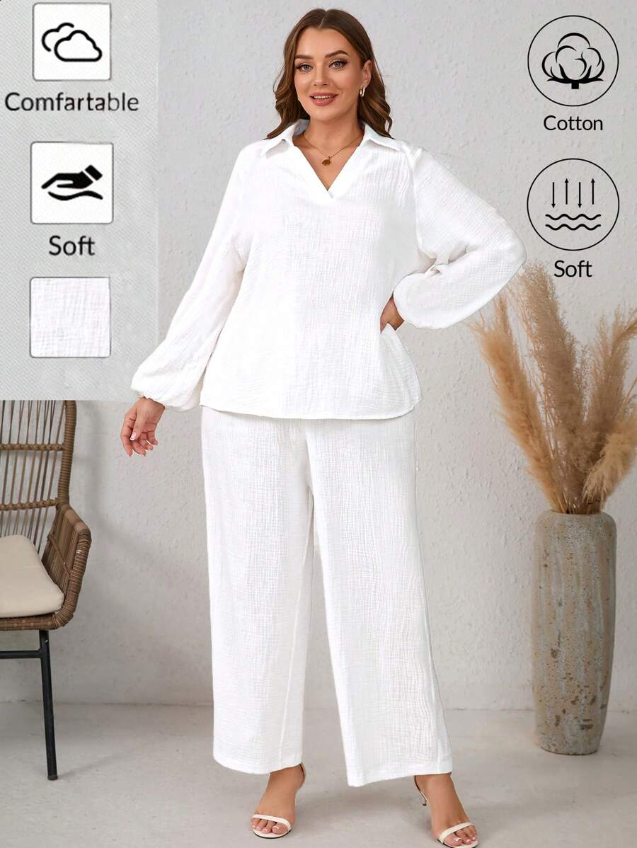 SHEIN LUNE Bộ 2 món áo dài tay mềm mại màu trắng cỡ lớn cho nữ và quần dài Bộ quần áo nữ du lịch sân bay - trắng - Xem 1