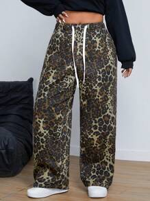 SHEIN ICON Plus Size Drawstring Waist Leopard Print Pocketed Loose Casual Jeans