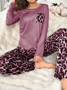 Women Leopard Print Pocket Long Sleeve Top And Pants Pajama Set, Casual